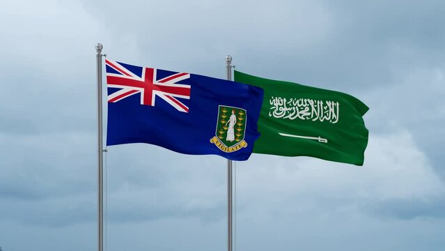 British Virgin Islands and Saudi Arabia flags waving together on cloudy sky, endless seamless loop