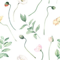 Watercolor Seamless Pattern Background with Icelandic Poppies and Leaves - obrazy, fototapety, plakaty