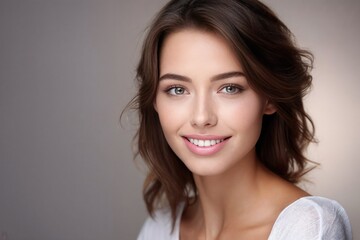 portrait studio d'une jeune femme souriante cheveux mi-long brune châtain en chemisier blanc, sur fond gris clair