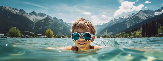 Foto op Plexiglas child in sunglasses in the pool against the background of the mountains © Anna