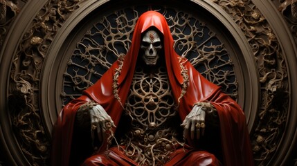 Red-Cloaked Skeleton King on Throne - Dark Fantasy Art