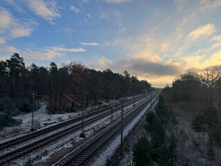 Fototapeta premium Winter railway, winter landscape with empty railway