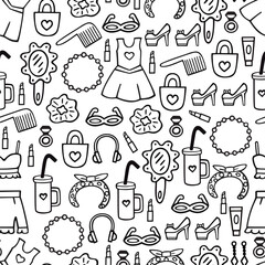 Women clothes and accessories, hand drawn doodle seamless pattern.