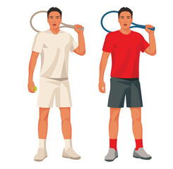 Two figures of Asian tennis player in a white and red sports uniform standing straight and holding a racket in his hands