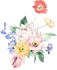 Watercolor Bouquet with Icelandic Poppy, Anthurium and Water Lily - obrazy, fototapety, plakaty