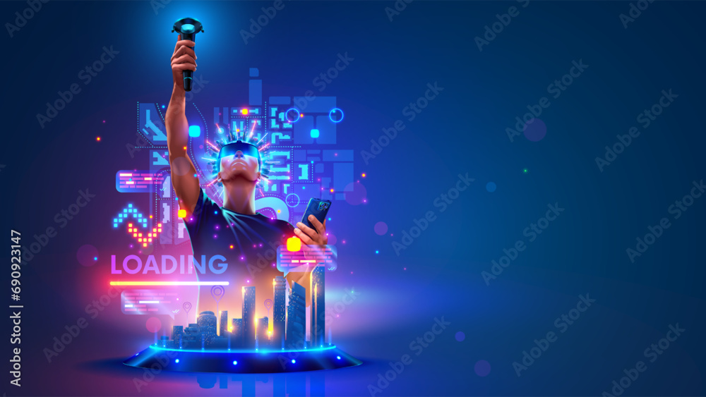 Poster vr metaverse. virtual reality video game. vr and ar technology concept. man wearing 3d vr headset gl