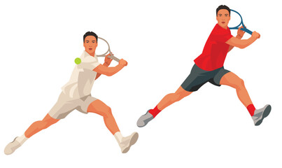 Fototapeta na wymiar Two figures of Indonesian tennis player in a white and red sports uniform who strikes with a racket holding it with two hands