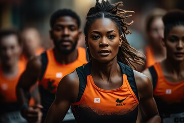 Fototapeta na wymiar Focused female runner leading race with team