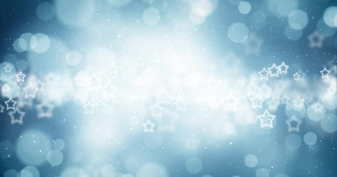Bright blue winter bokeh with stars loop motion background. Concept holidays copy space animation.