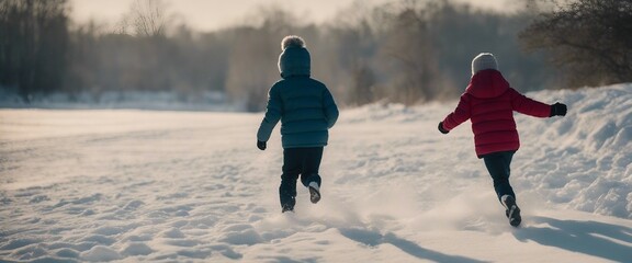 Back view of children playing and running in the snow.
