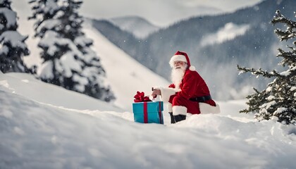 Santa-claus in the snow nature and mountain with gift