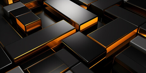 Black square background with gold outlines, solid surface modeling style, gold and orange outline, block polished surfaces, elongated shapes, chromatic sculptural slabs. - obrazy, fototapety, plakaty