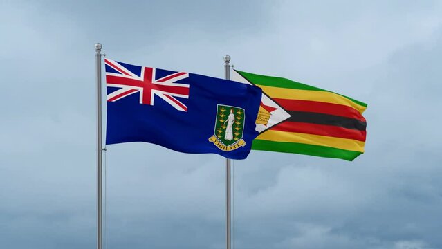 Zimbabwe and British Virgin Islands flag waving together on cloudy sky, endless seamless loop, two country cooperation concept