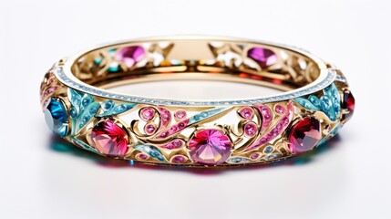 a single, exquisite bangle adorned with a dazzling array of colors, displayed against a pure white backdrop.