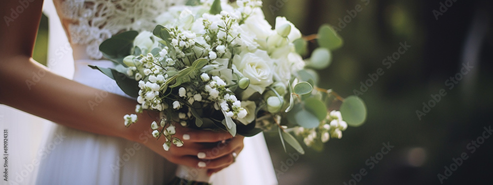 Wall mural a bride holding a bouquebride in a white dress holding a bouquet of eucalyptus and white flowers