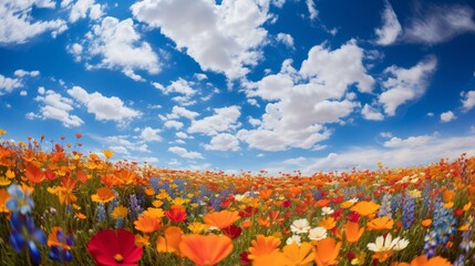 a vibrant image of a field of wildflowers in full bloom, with a kaleidoscope of colors under the clear, blue spring sky.