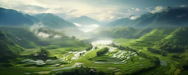 Gordijnen aerial view of a vast and lush rice field © xartproduction