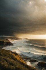 A storm by the sea, big waves and thick dark clouds in the sky. Landscape, environment, element, nature concepts.