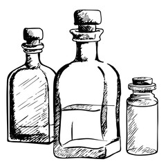Vintage bottle set. Bottle with cork stopper. Clear, big and small glass jar bottle with cork stopper or cap for cosmetics or art and craft projects. Full glass bottle vector illustration.