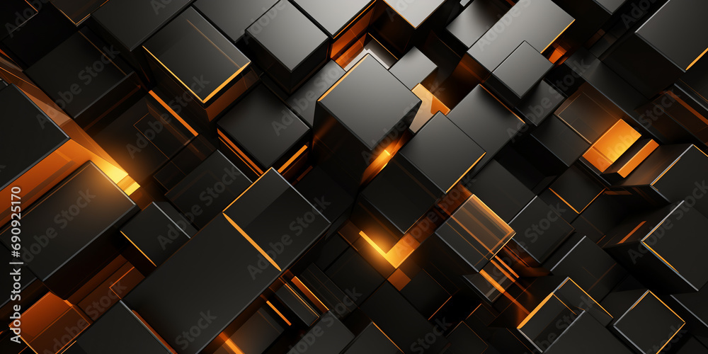 Wall mural geometric background black and gold design has many different shapes metallic rectangles, squares, dark orange glowing element, intersecting planes, blocky, 3d