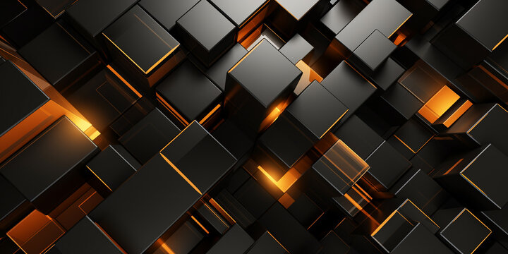 geometric background black and gold design has many different shapes metallic rectangles, squares, dark orange glowing element, intersecting planes, blocky, 3d