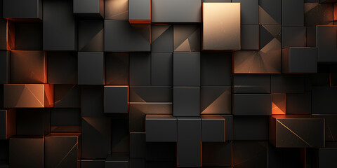 Wallpaper with abstract geometric, metallic pattern black, red and gold color, metallic rectangles, squares, intersecting surfaces, 3D