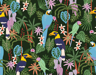 Cute Seamless background parrots, tropical flowers, leaves.