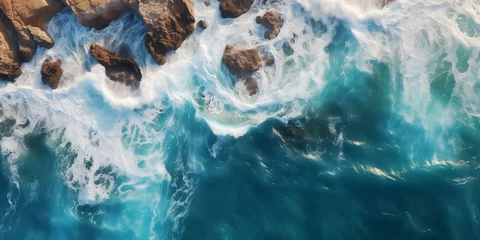 Fotobehang Aerial view of sea and rocks ocean blue waves crash to shore © xartproduction