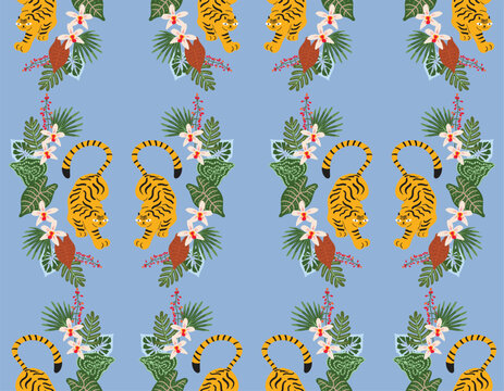 Cute Tigher in the jungle  Seamless pattern with cute wild animals childish.