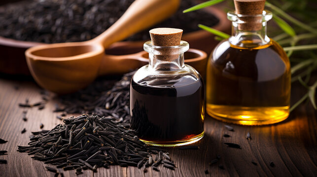 of black cumin essential oil on a wooden background
