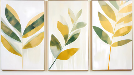 Three paintings of green and gold leaves on a white background
