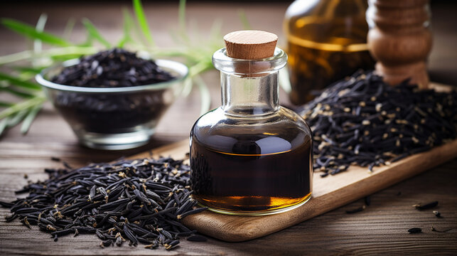 of black cumin essential oil on a wooden background