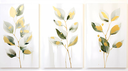 Three paintings of leaves on a white wall with a white background and a gold leaf on the left and a green leaf on the right