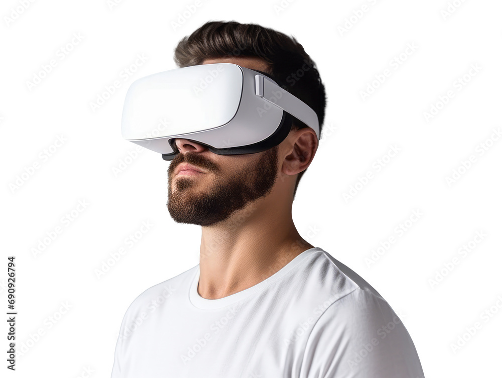 Poster Man experiencing virtual reality with a VR headset, isolated on a white background. Generative AI