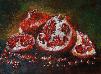 Ripe red pomegranates and their halves - handmade oil painting on canvas.