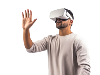 Male user with VR headset reaching out, immersive technology on a transparent background. Generative AI