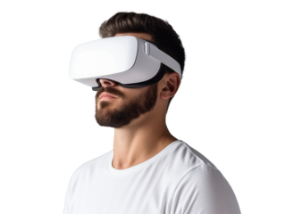 Man experiencing virtual reality with a VR headset, isolated on a white background. Generative AI