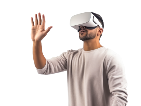 Male user with VR headset reaching out, immersive technology on a transparent background. Generative AI