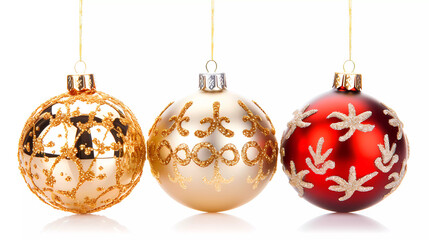 Three shiny christmas balls hanging from a string with gold and silver decorations on them