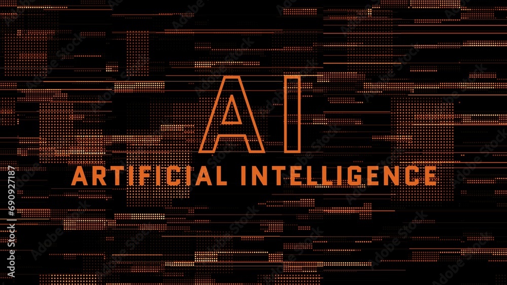 Poster AI Artificial Intelligence on digital background - orange pattern pixel background from digital data elements - 3D Illustration