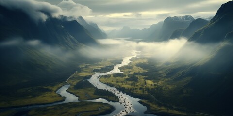 dramatic nordic landscape from drone - obrazy, fototapety, plakaty