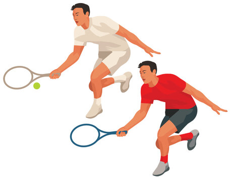 Figures of an East Asian a tennis player in casual red and classic white sports uniform who bent down to hit the ball with a racket at a tournament