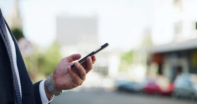 Hand, phone and a business person in the city on his morning commute while walking to work. Mobile, contact and navigation app with an employee closeup in an urban town for travel as a pedestrian