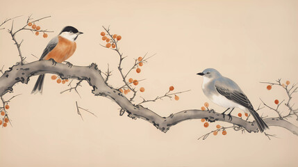 Two birds standing on a branch with a tree in the background and a bird flying over it