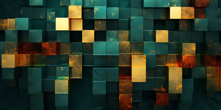 background wall abstract dark green and gold design metallic rectangles, squares, dark orange, intersecting planes, blocky, 3d