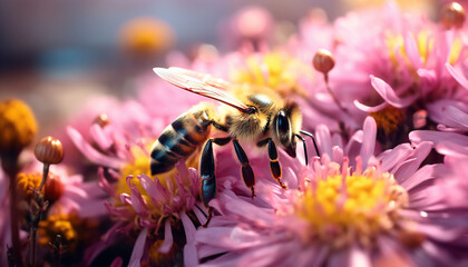 Recreation of bee pollinating a flower - obrazy, fototapety, plakaty