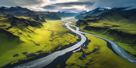 top view to dramatic Iceland landscape from drone