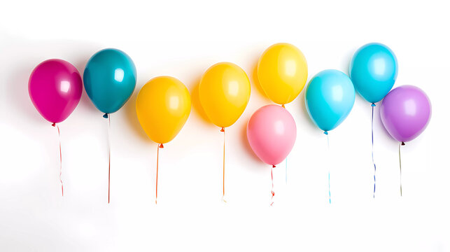 A group of balloons in different colors on a white background with a shadow of the balloons in the middle