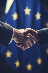 Men shaking hands against flag of European Union, closeup. International relationships - obrazy, fototapety, plakaty