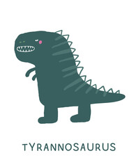 Jurassic period t rex dinosaur flashcard. Learning English words for kids. Cute hand drawn doodle educational card with tyrannosaurus dino. Preschool learning material. Funny extinct animal card for p